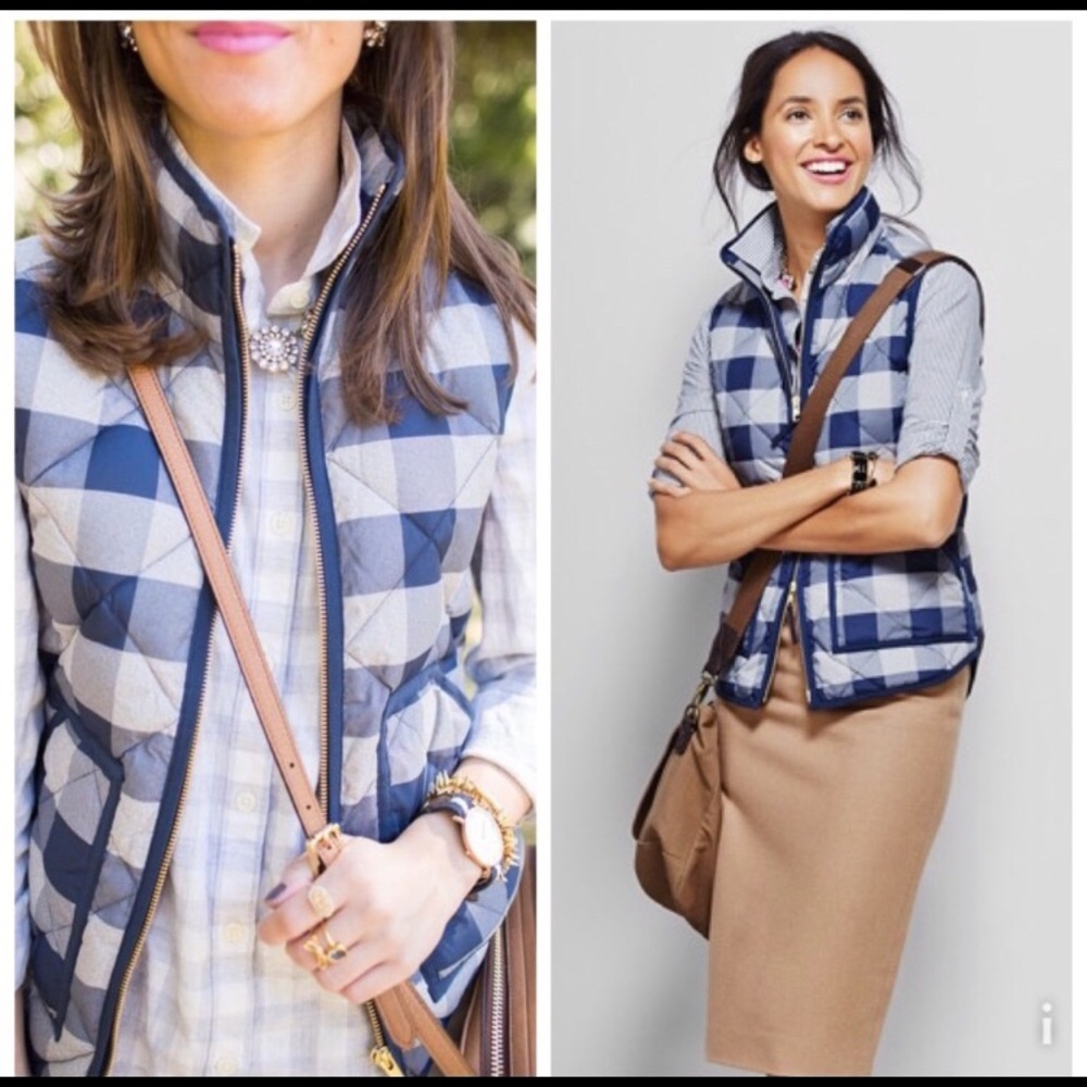 J. Crew Blue Buffalo Check Gingham Puffer Vest